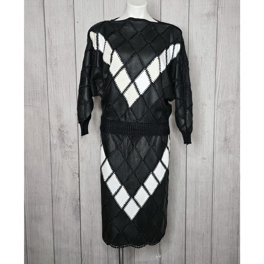 Vintage Leather Argyle Patchwork Batwing Top & Midi Skirt Set, sz S/M